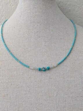 Handmade Evil Eye Seed Bead Necklace Turquoise Boho Dainty 16” + 1” Extender
